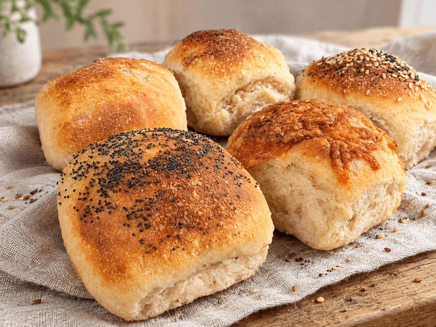 Assorted freshly baked frukostfrallor in soft natural window light