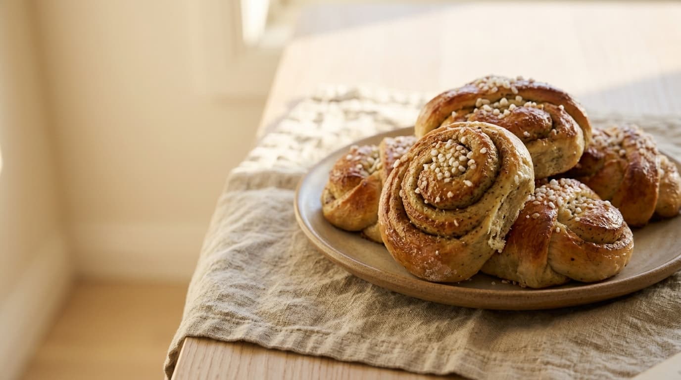 Kanelbullar on a plate by the kitchen window