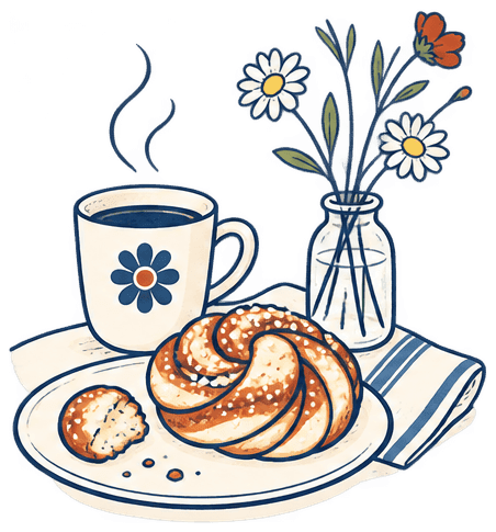 A plate holding a cardamom bun with a piece broken off beside it, a cup of coffee, and a jar of daisies on a striped cloth.