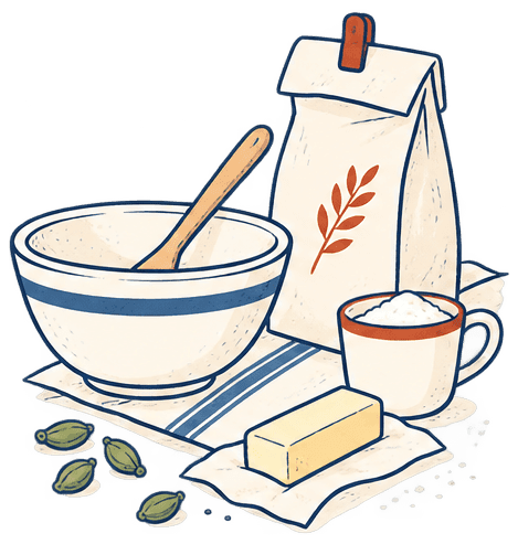 A mixing bowl with a wooden spoon, a paper bag of flour, a cup of sugar, a block of butter and a scatter of cardamom pods on a linen cloth.