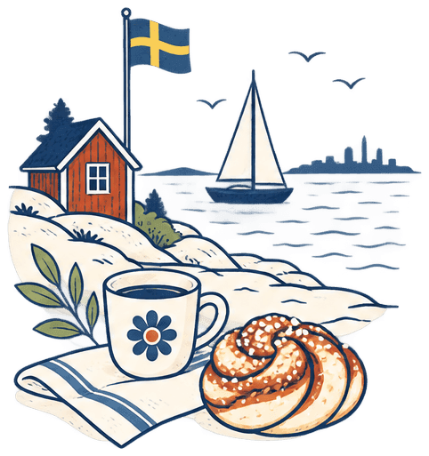 A red Swedish timber house at the water's edge with a flag flying beside it, a sailing boat and a distant skyline across the bay, and a cup of coffee and a cardamom bun on a linen cloth in front.